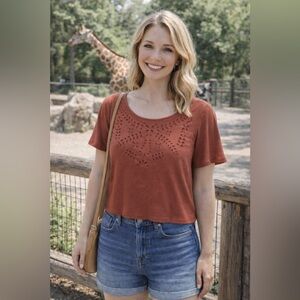 The Hanger Woman's Eyelet Detail Burnt Orange Cropped Summer Boho Top Size S